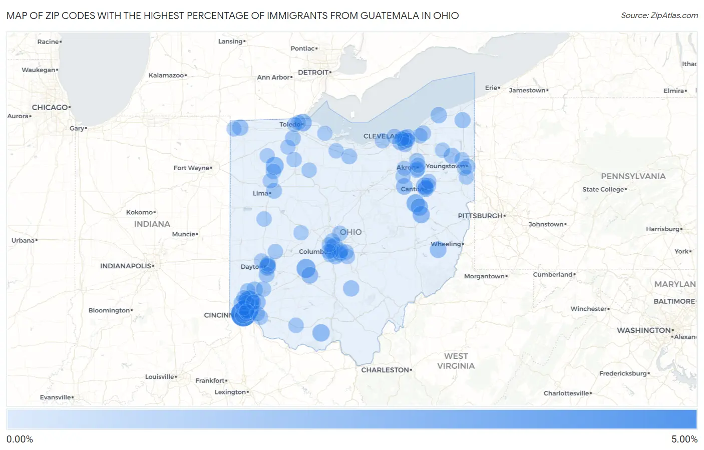 Zip Codes with the Highest Percentage of Immigrants from Guatemala in Ohio Map