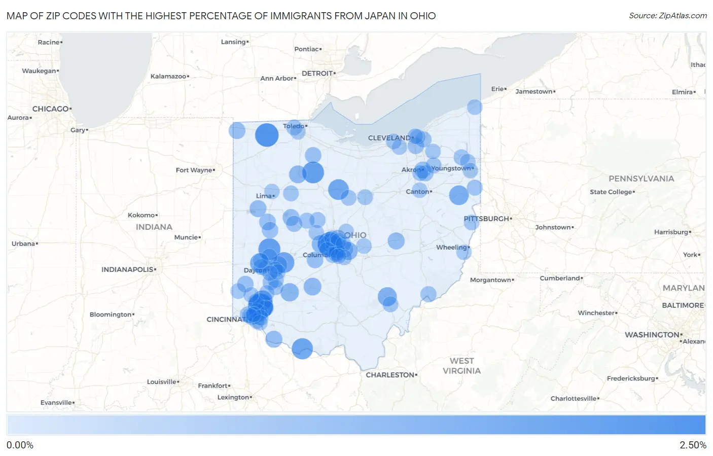 Zip Codes with the Highest Percentage of Immigrants from Japan in Ohio Map
