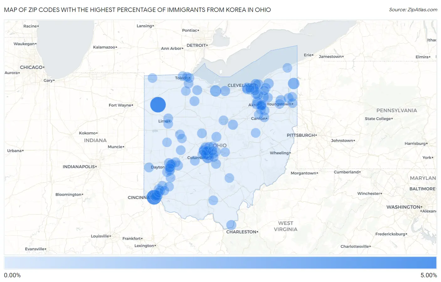 Zip Codes with the Highest Percentage of Immigrants from Korea in Ohio Map