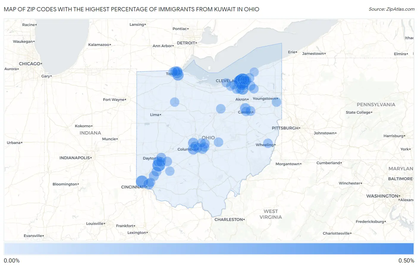 Zip Codes with the Highest Percentage of Immigrants from Kuwait in Ohio Map