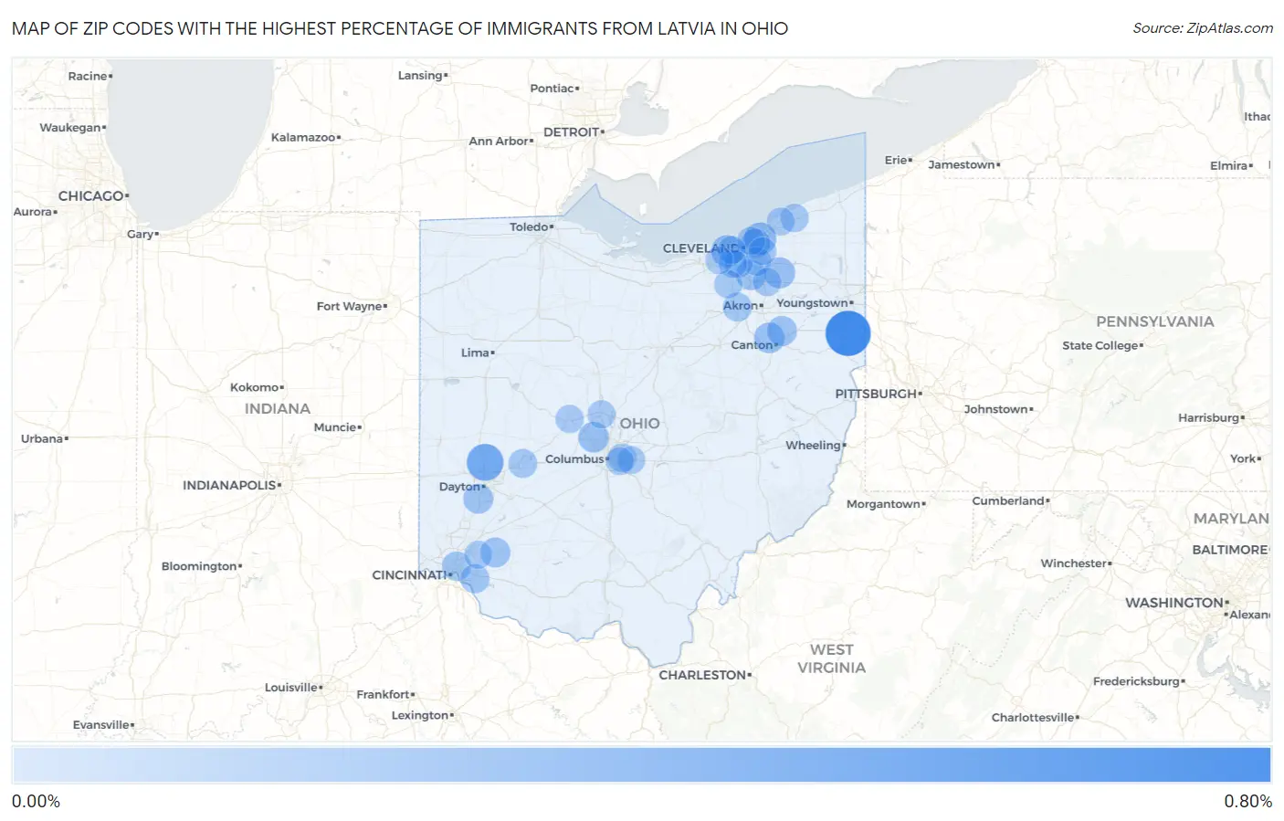 Zip Codes with the Highest Percentage of Immigrants from Latvia in Ohio Map