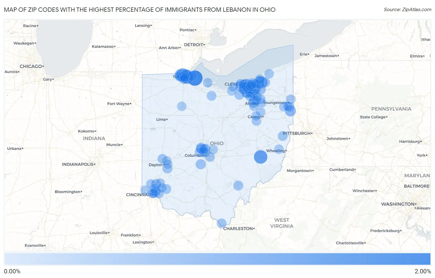Zip Codes with the Highest Percentage of Immigrants from Lebanon in Ohio Map