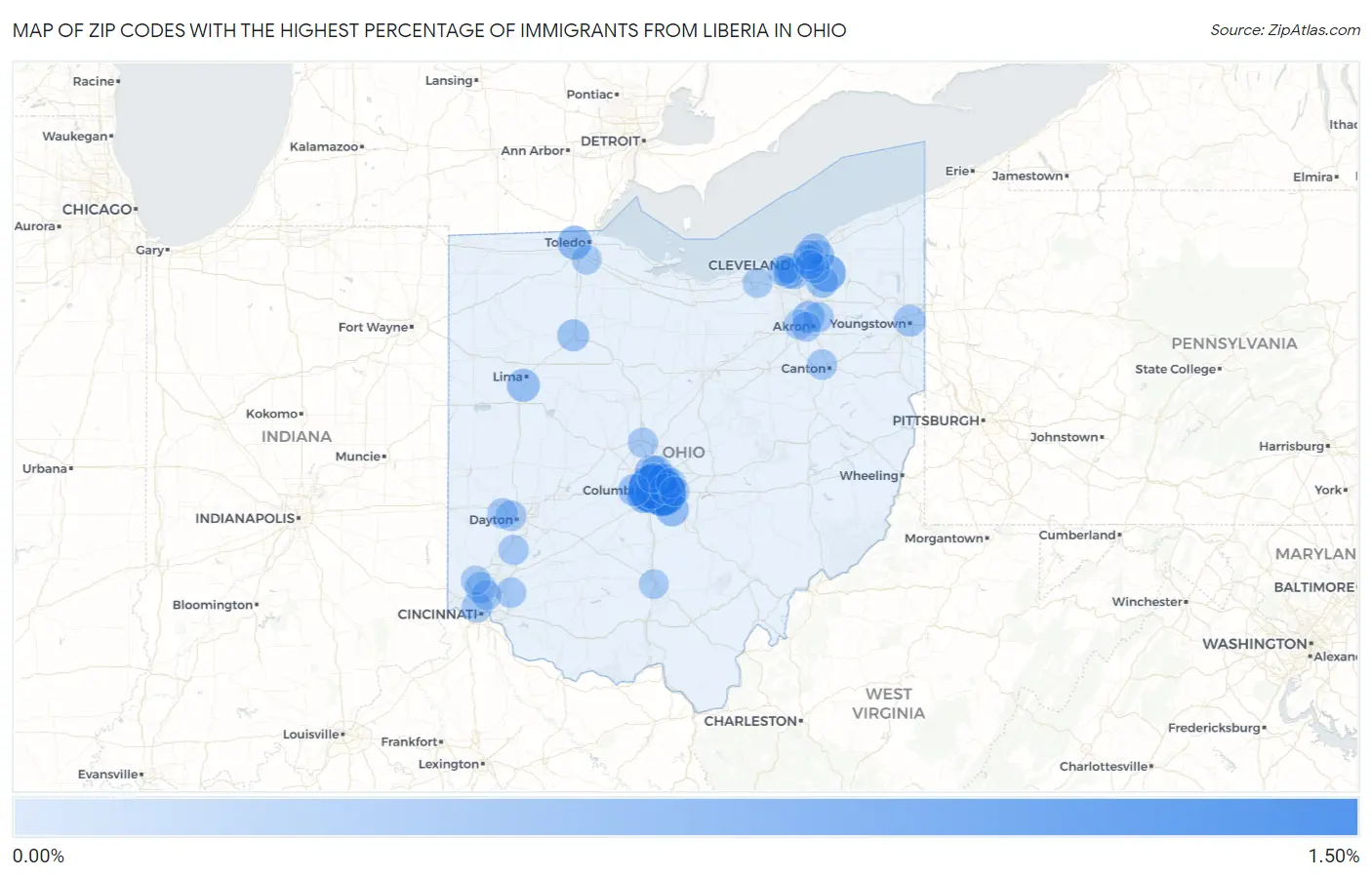 Zip Codes with the Highest Percentage of Immigrants from Liberia in Ohio Map
