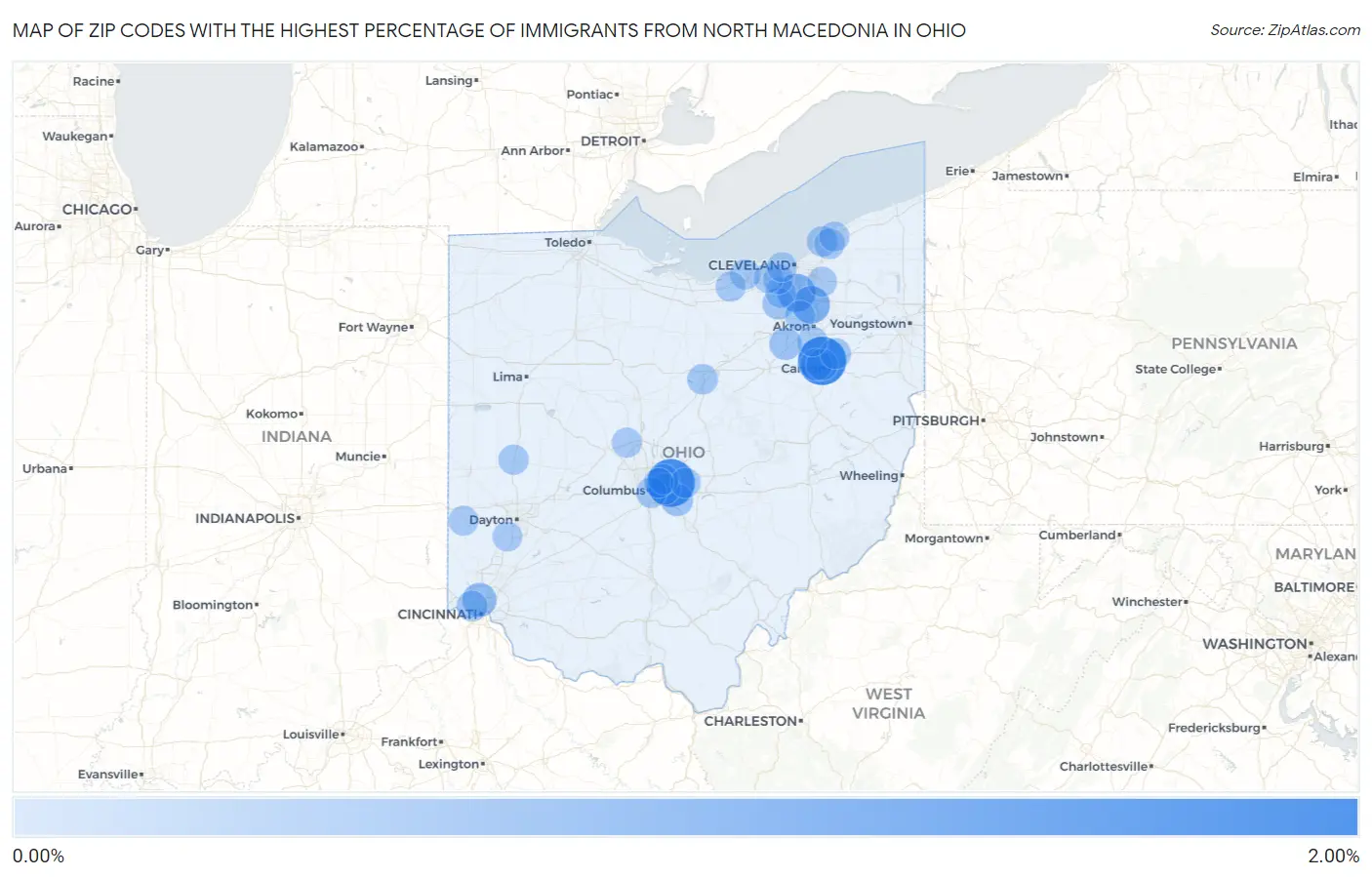 Zip Codes with the Highest Percentage of Immigrants from North Macedonia in Ohio Map