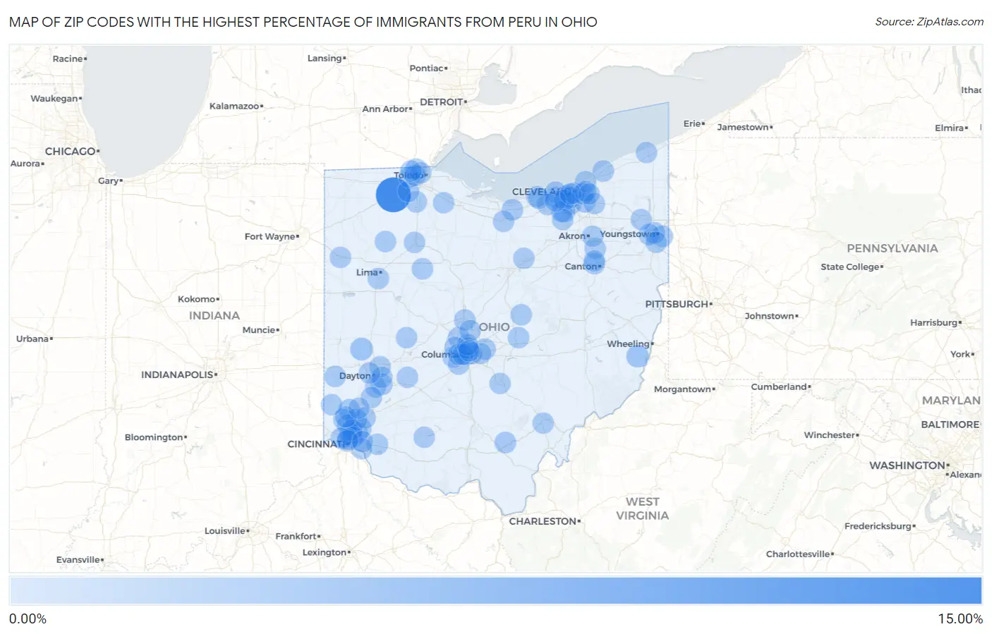 Zip Codes with the Highest Percentage of Immigrants from Peru in Ohio Map