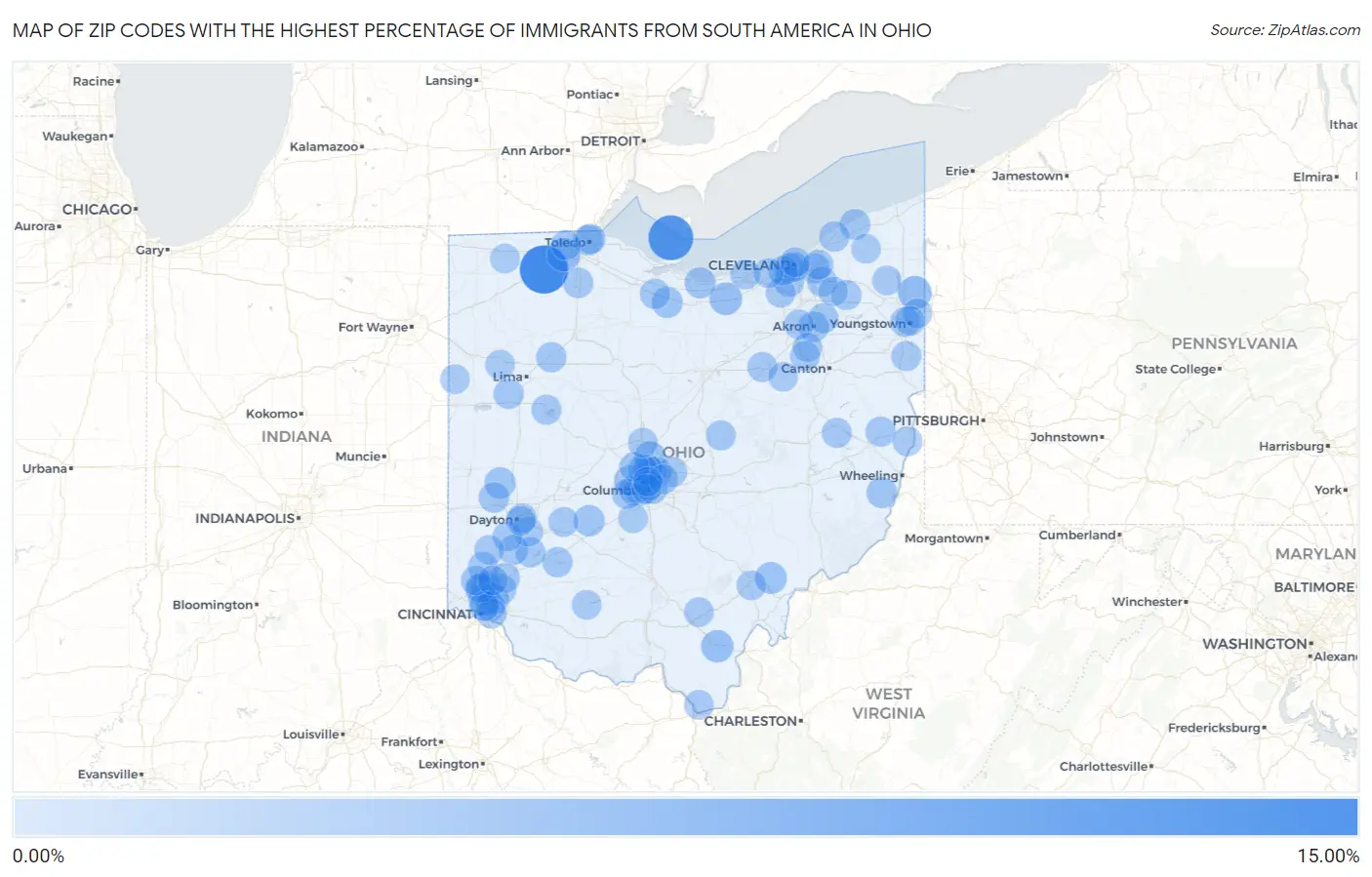 Zip Codes with the Highest Percentage of Immigrants from South America in Ohio Map