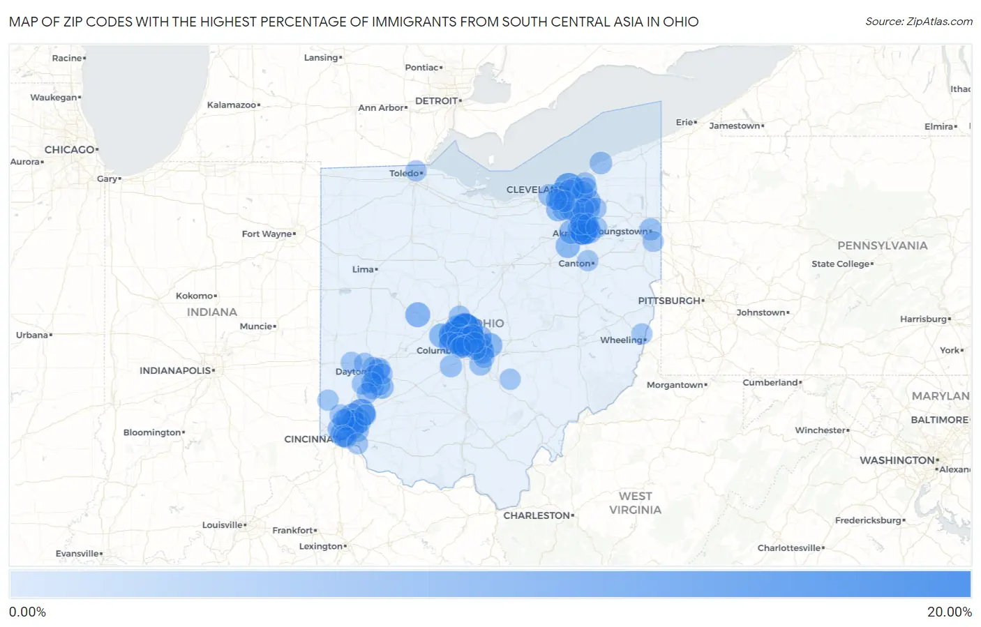 Zip Codes with the Highest Percentage of Immigrants from South Central Asia in Ohio Map