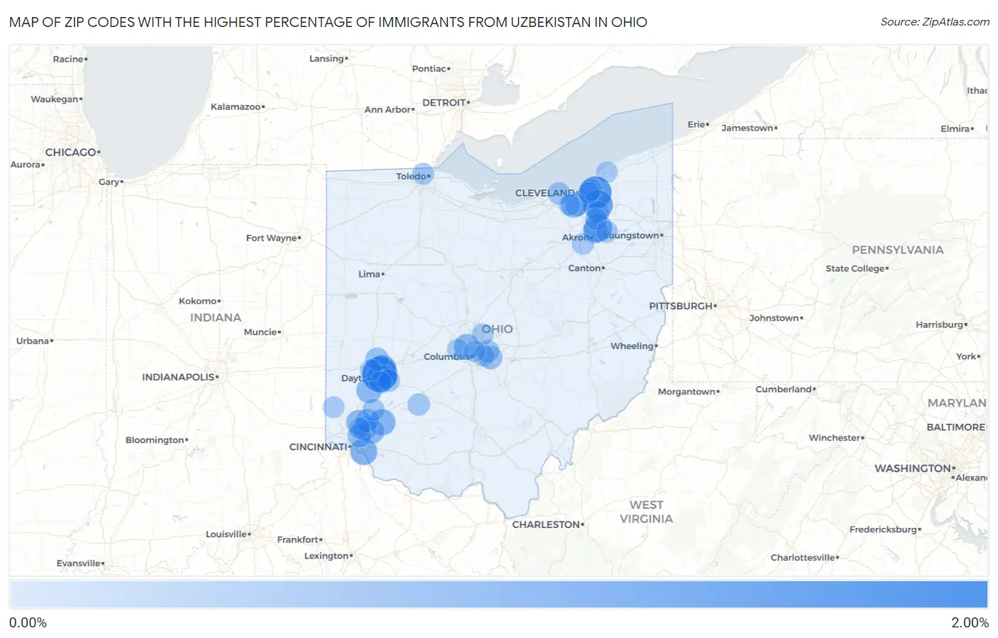 Zip Codes with the Highest Percentage of Immigrants from Uzbekistan in Ohio Map
