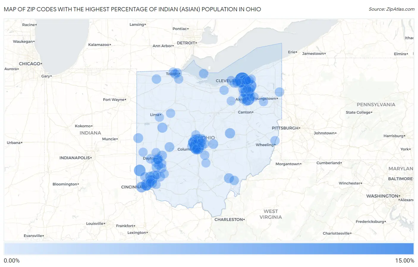 Zip Codes with the Highest Percentage of Indian (Asian) Population in Ohio Map