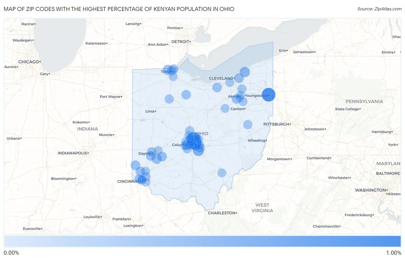 Zip Codes with the Highest Percentage of Kenyan Population in Ohio Map