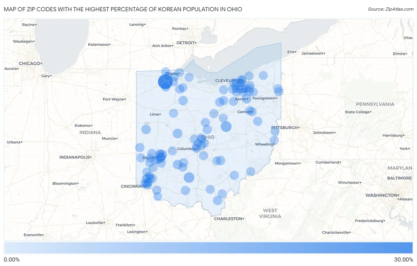 Zip Codes with the Highest Percentage of Korean Population in Ohio Map