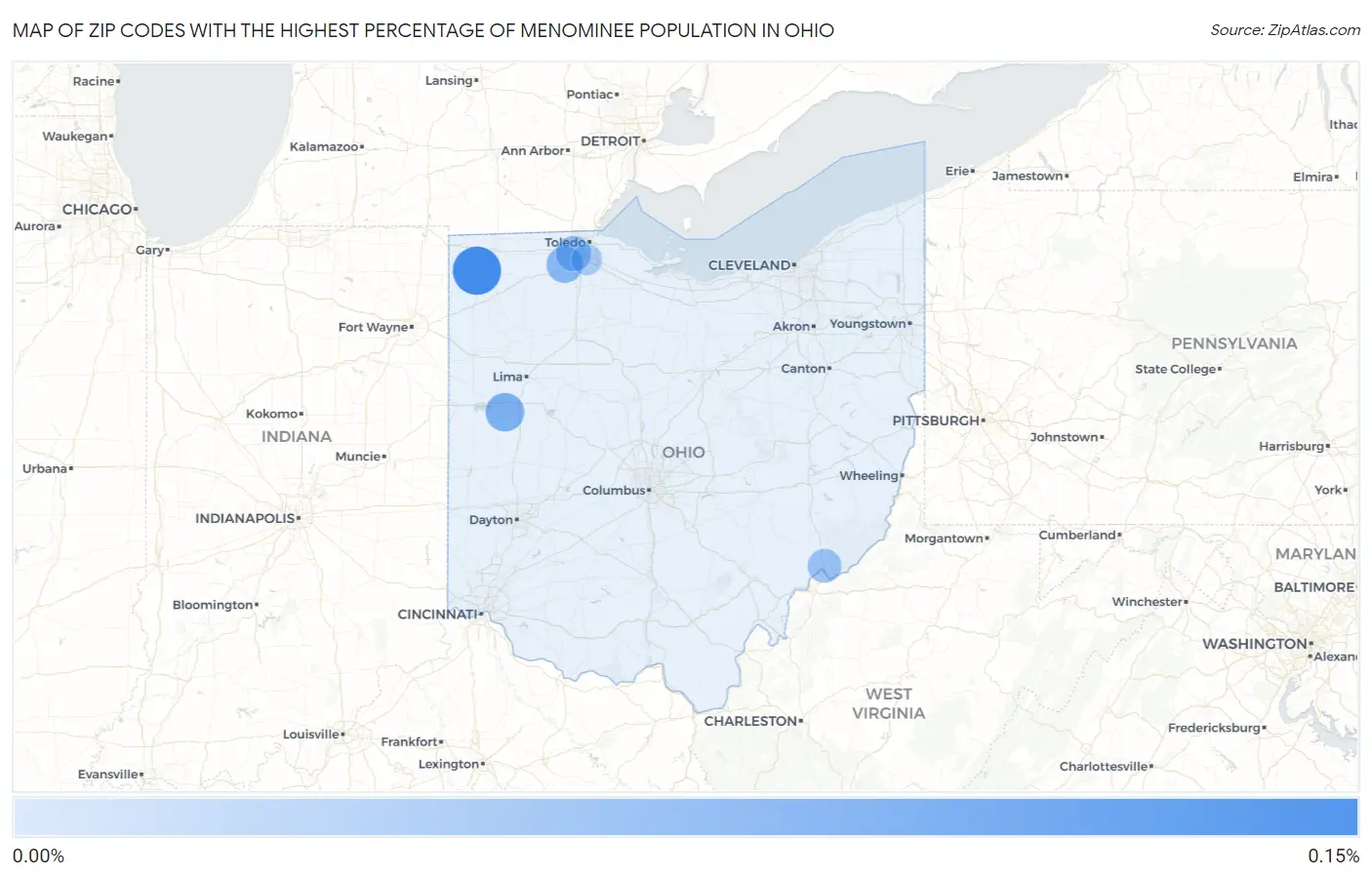 Zip Codes with the Highest Percentage of Menominee Population in Ohio Map