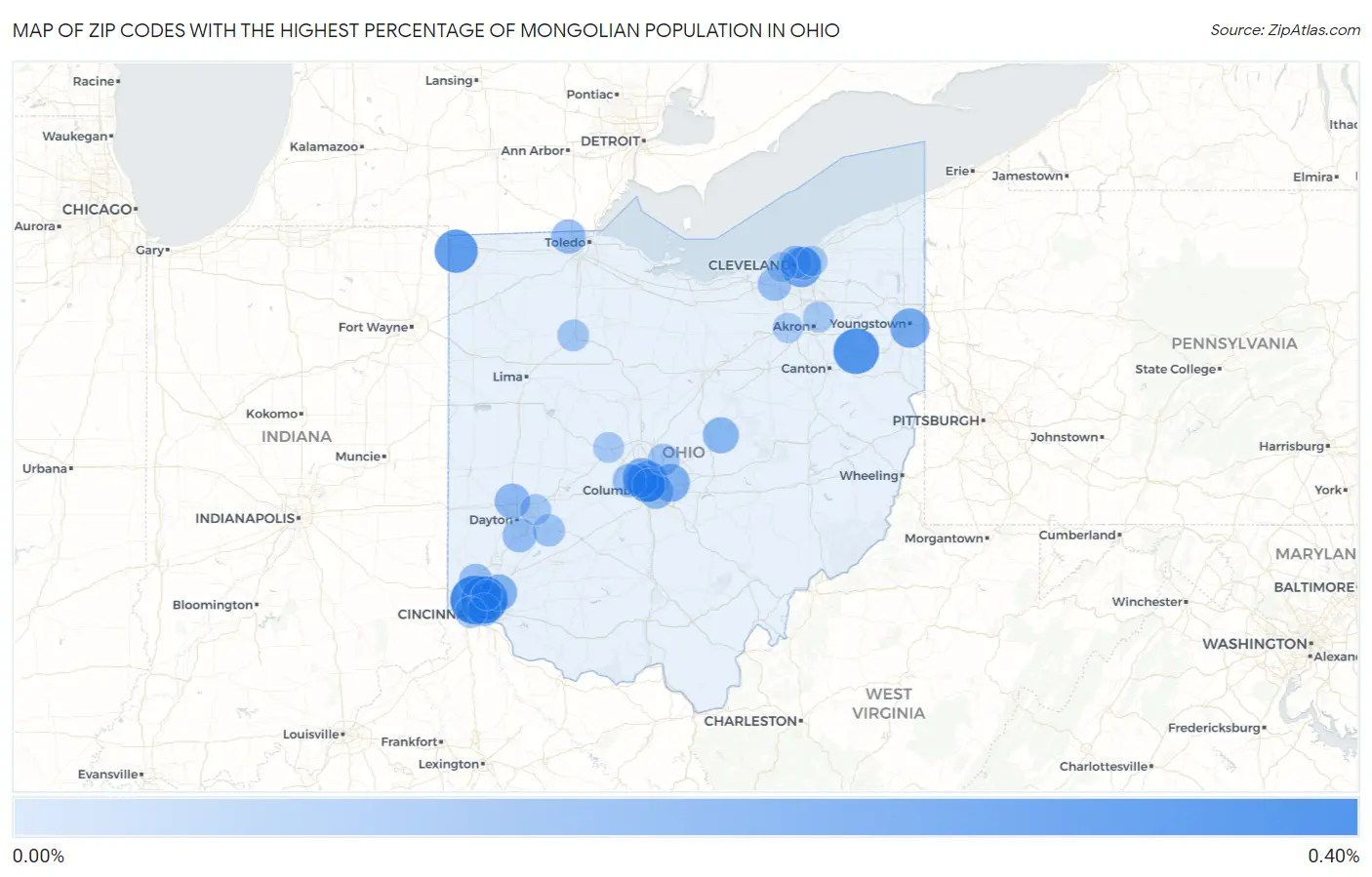 Zip Codes with the Highest Percentage of Mongolian Population in Ohio Map