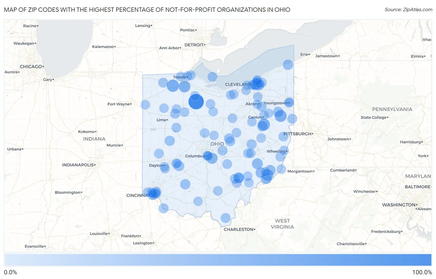 Zip Codes with the Highest Percentage of Not-for-profit Organizations in Ohio Map