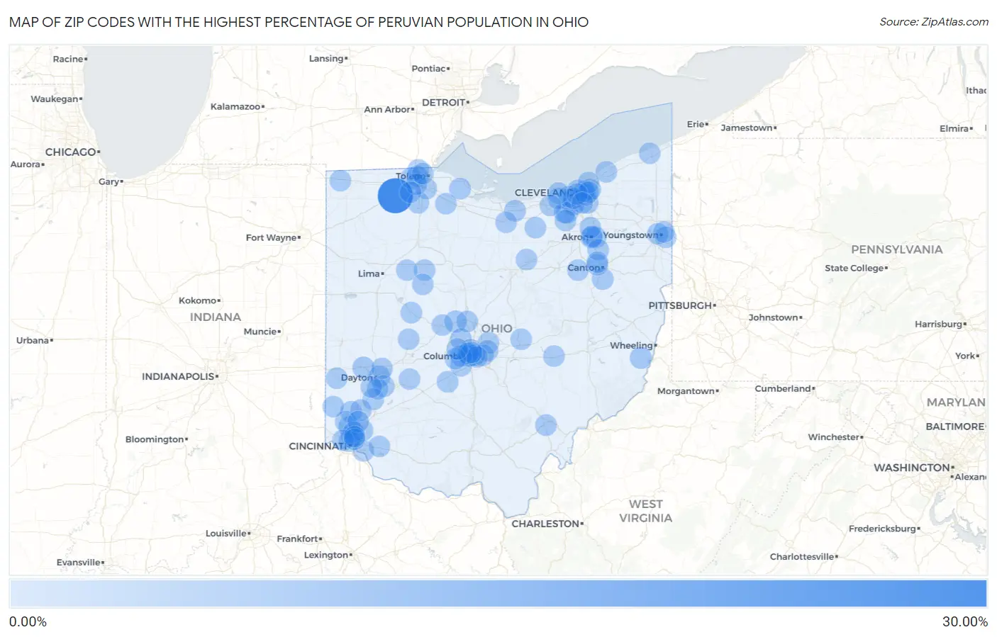Zip Codes with the Highest Percentage of Peruvian Population in Ohio Map