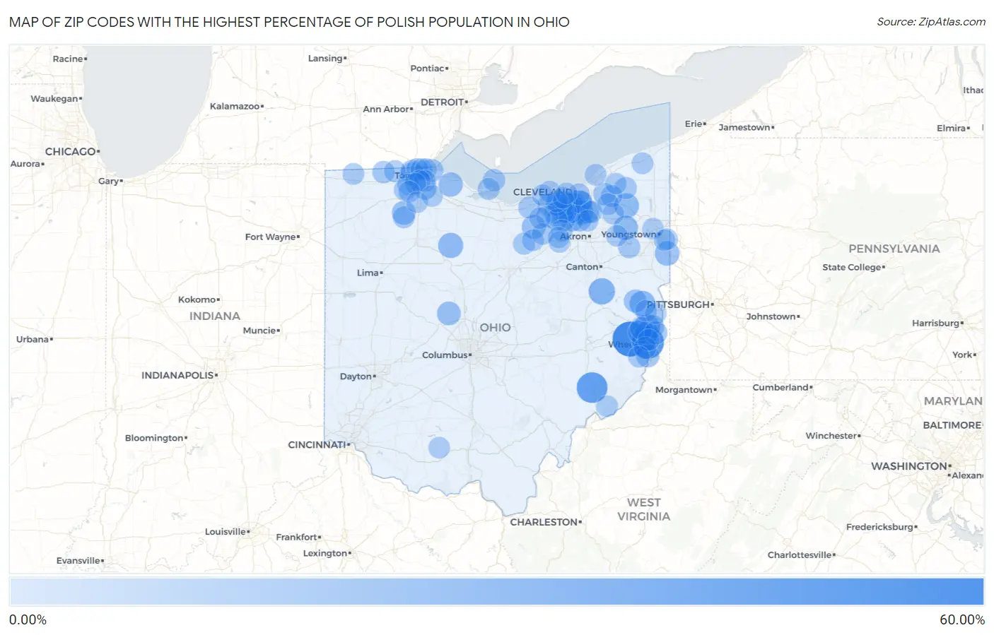 Zip Codes with the Highest Percentage of Polish Population in Ohio Map