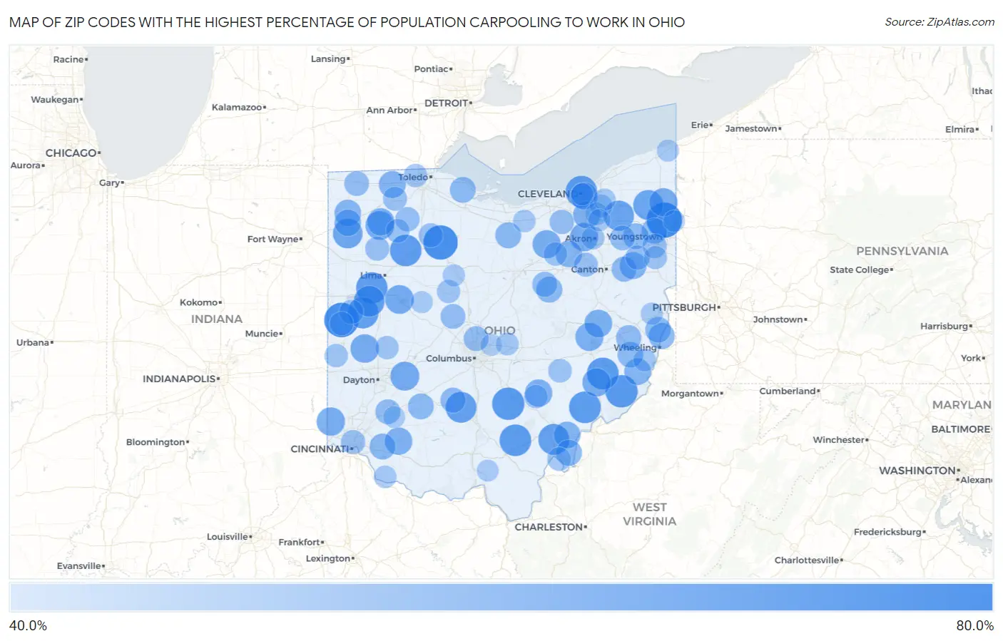 Zip Codes with the Highest Percentage of Population Carpooling to Work in Ohio Map