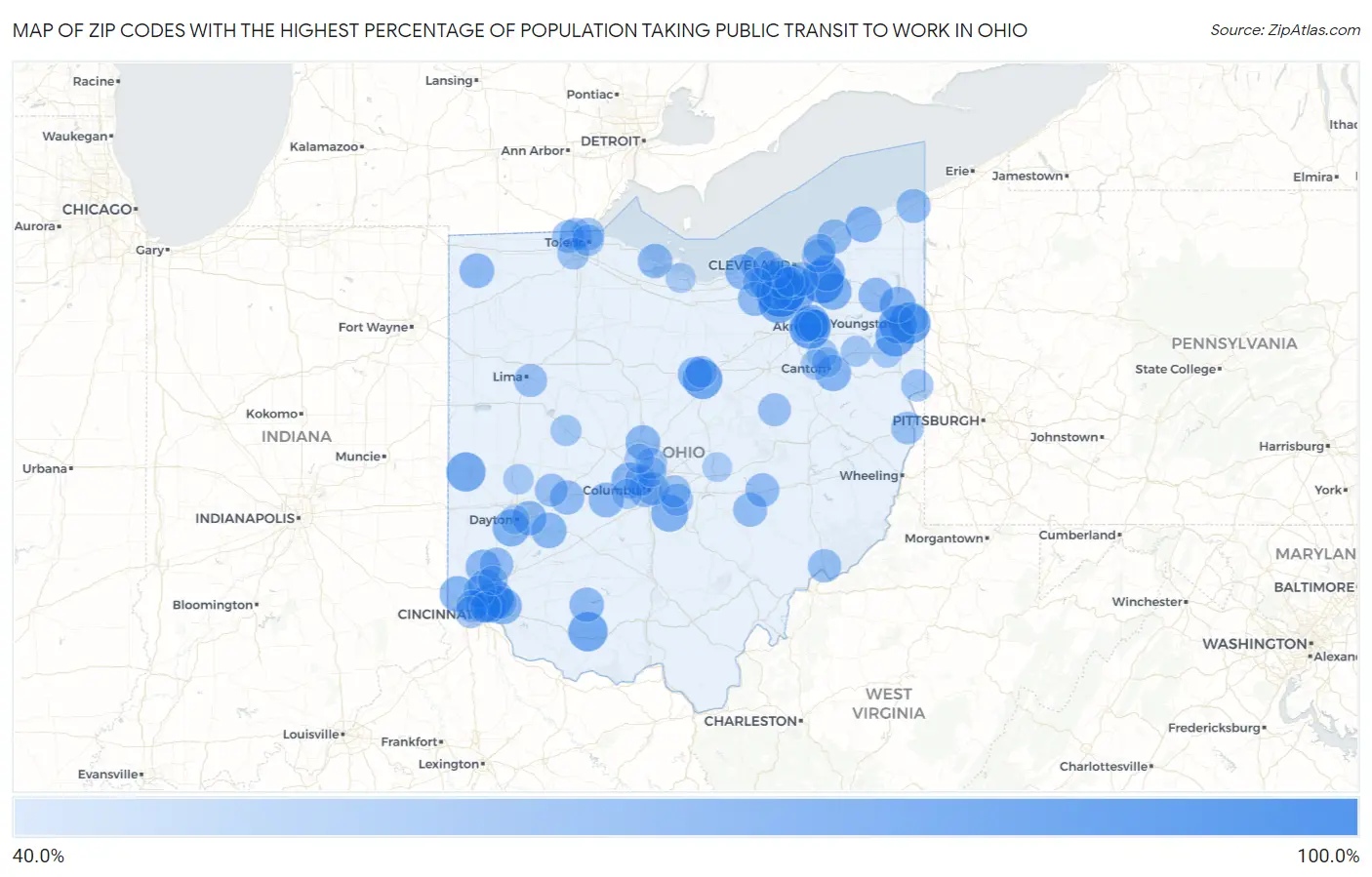 Zip Codes with the Highest Percentage of Population Taking Public Transit to Work in Ohio Map
