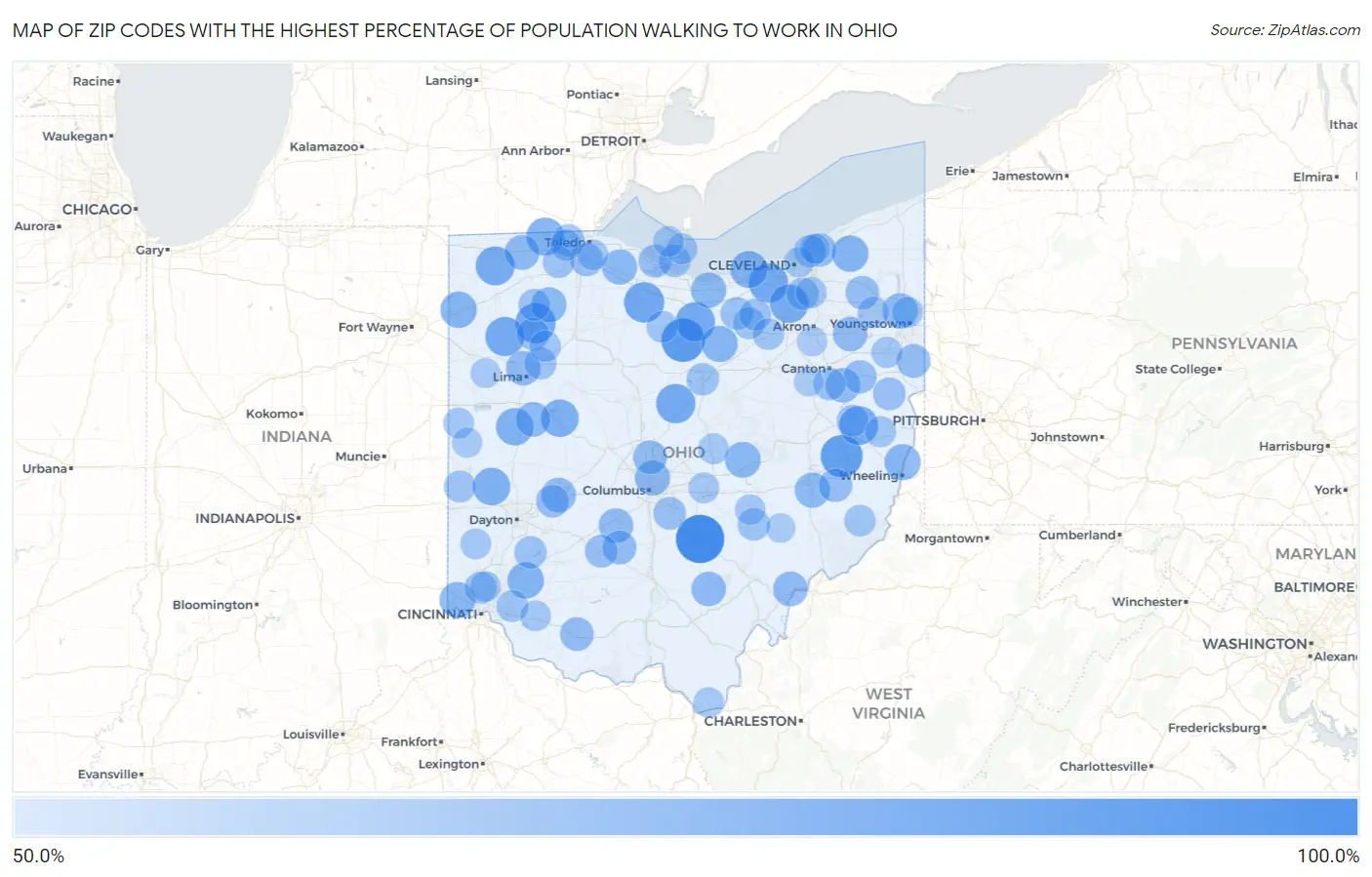 Zip Codes with the Highest Percentage of Population Walking to Work in Ohio Map