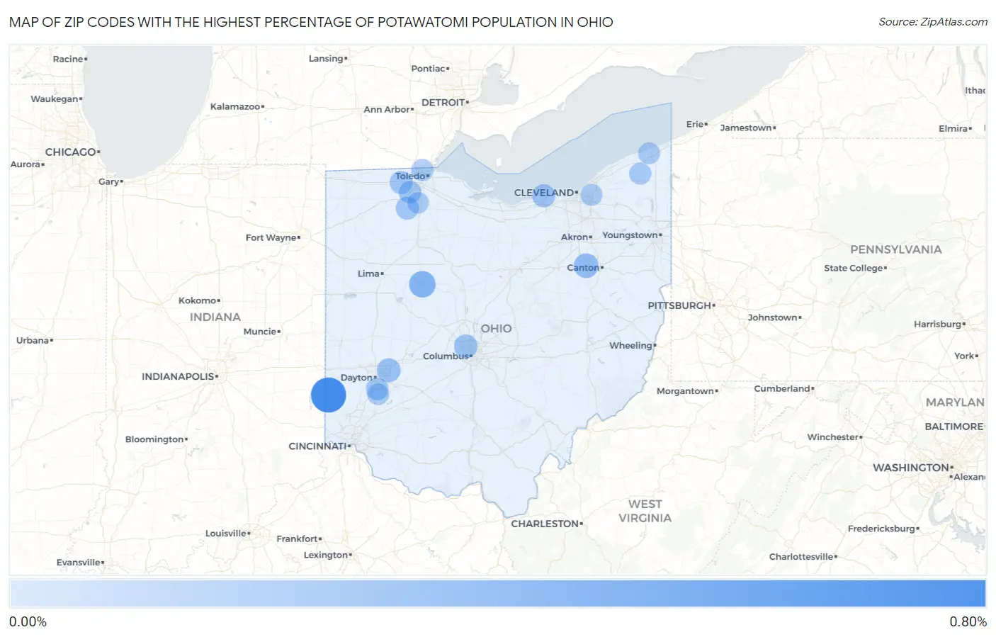 Zip Codes with the Highest Percentage of Potawatomi Population in Ohio Map