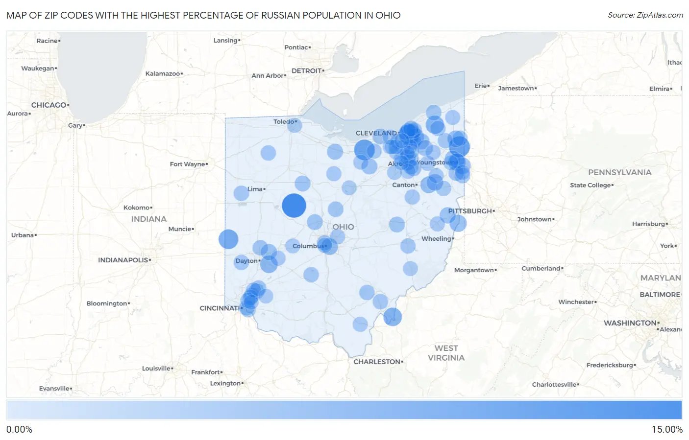 Zip Codes with the Highest Percentage of Russian Population in Ohio Map