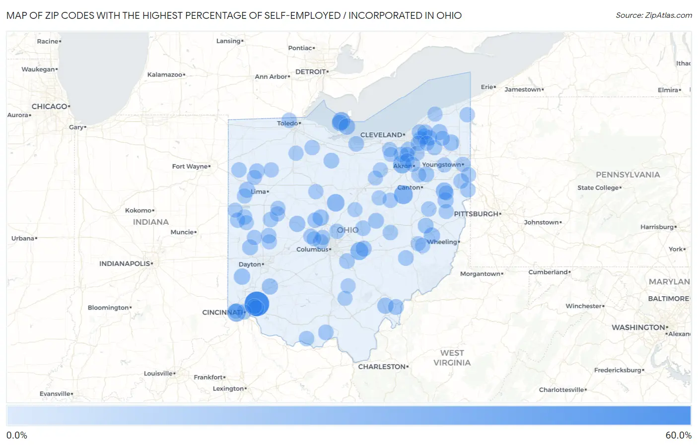 Zip Codes with the Highest Percentage of Self-Employed / Incorporated in Ohio Map