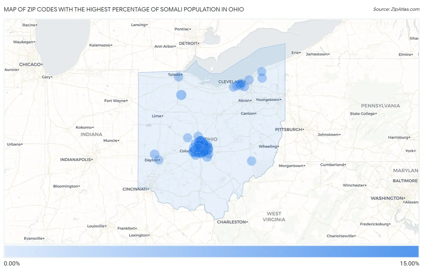 Zip Codes with the Highest Percentage of Somali Population in Ohio Map