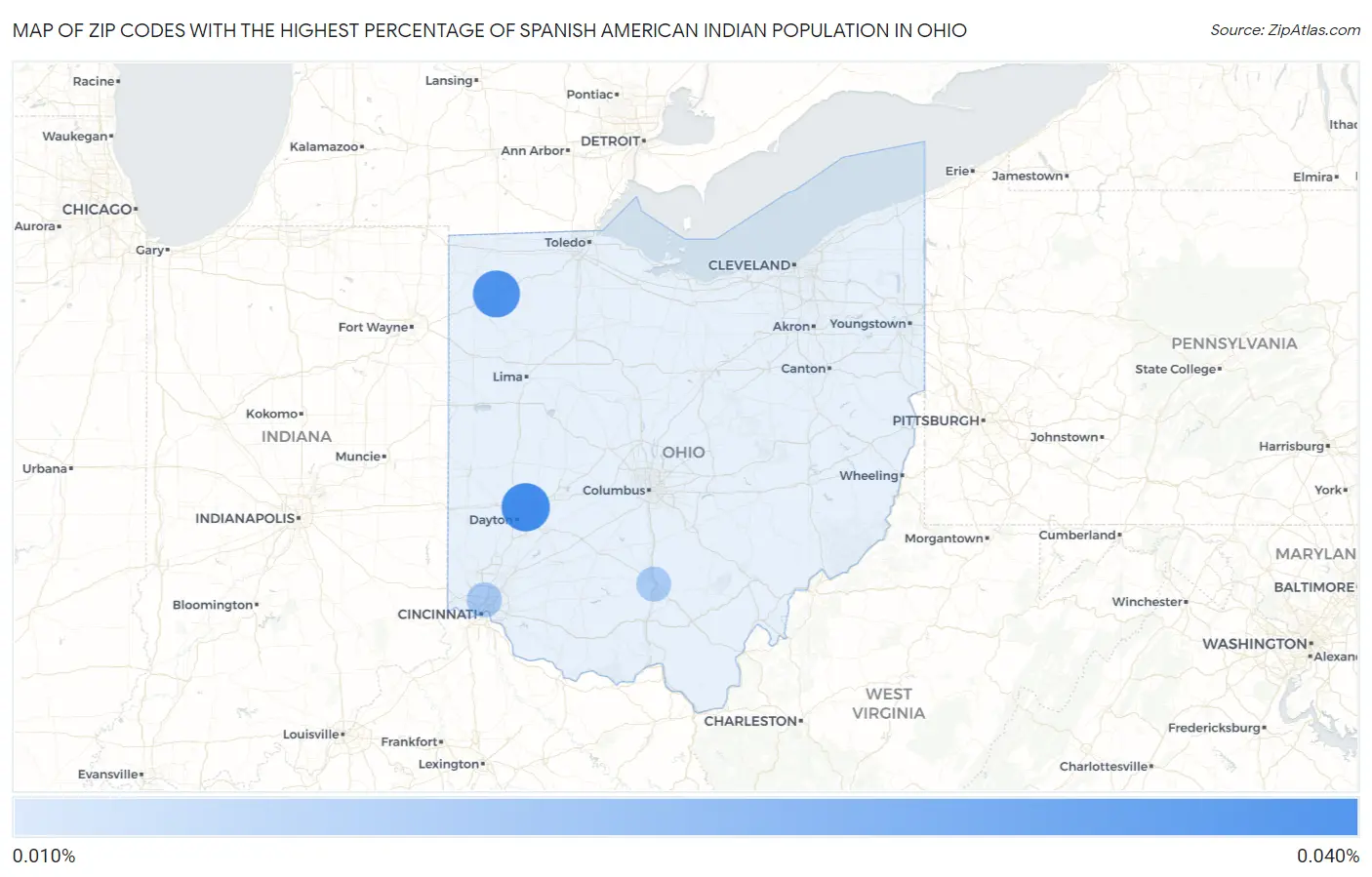 Zip Codes with the Highest Percentage of Spanish American Indian Population in Ohio Map