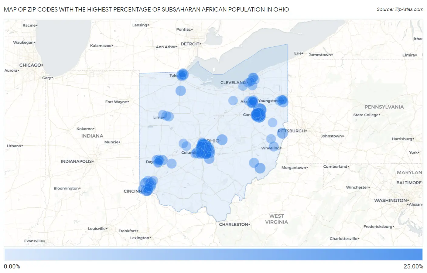 Zip Codes with the Highest Percentage of Subsaharan African Population in Ohio Map