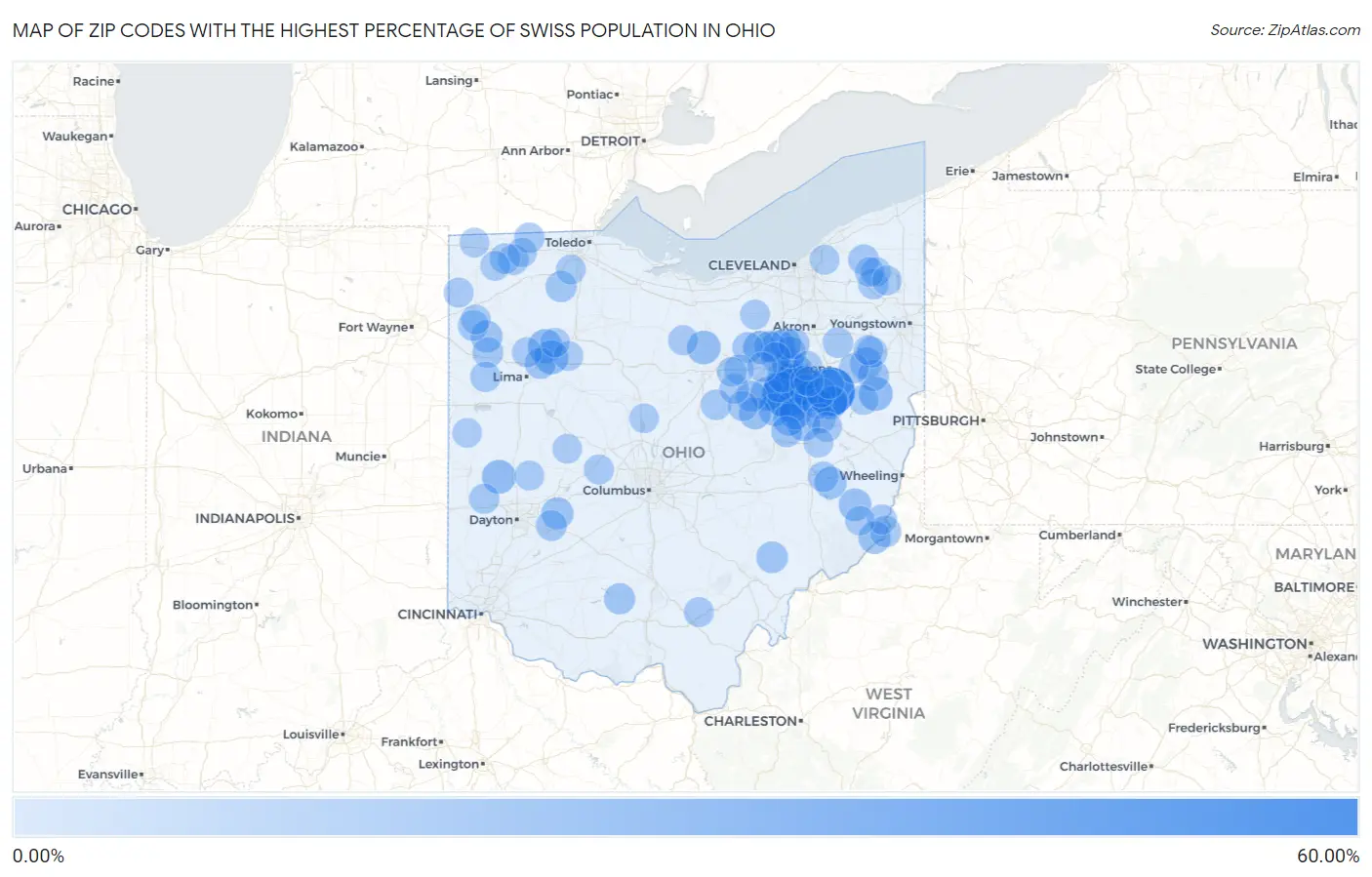 Zip Codes with the Highest Percentage of Swiss Population in Ohio Map