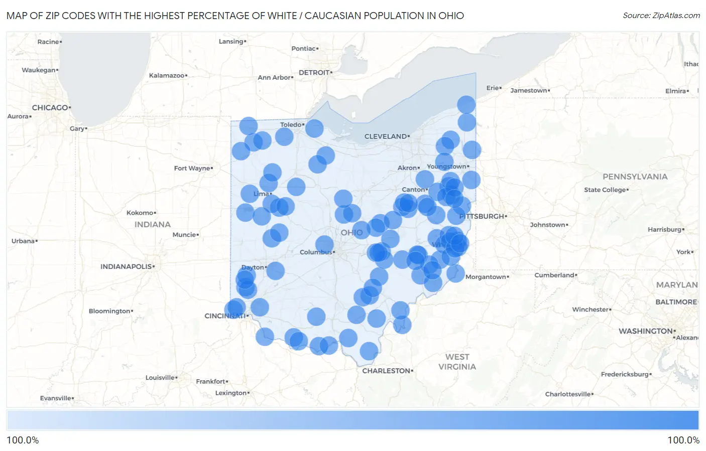Zip Codes with the Highest Percentage of White / Caucasian Population in Ohio Map