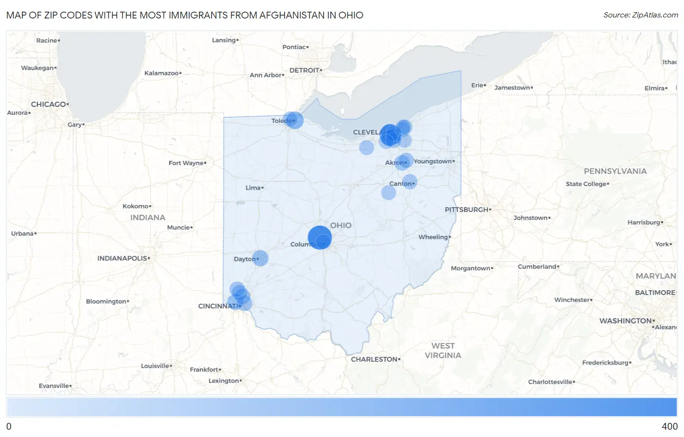 Zip Codes with the Most Immigrants from Afghanistan in Ohio Map