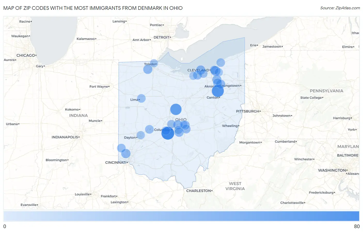 Zip Codes with the Most Immigrants from Denmark in Ohio Map