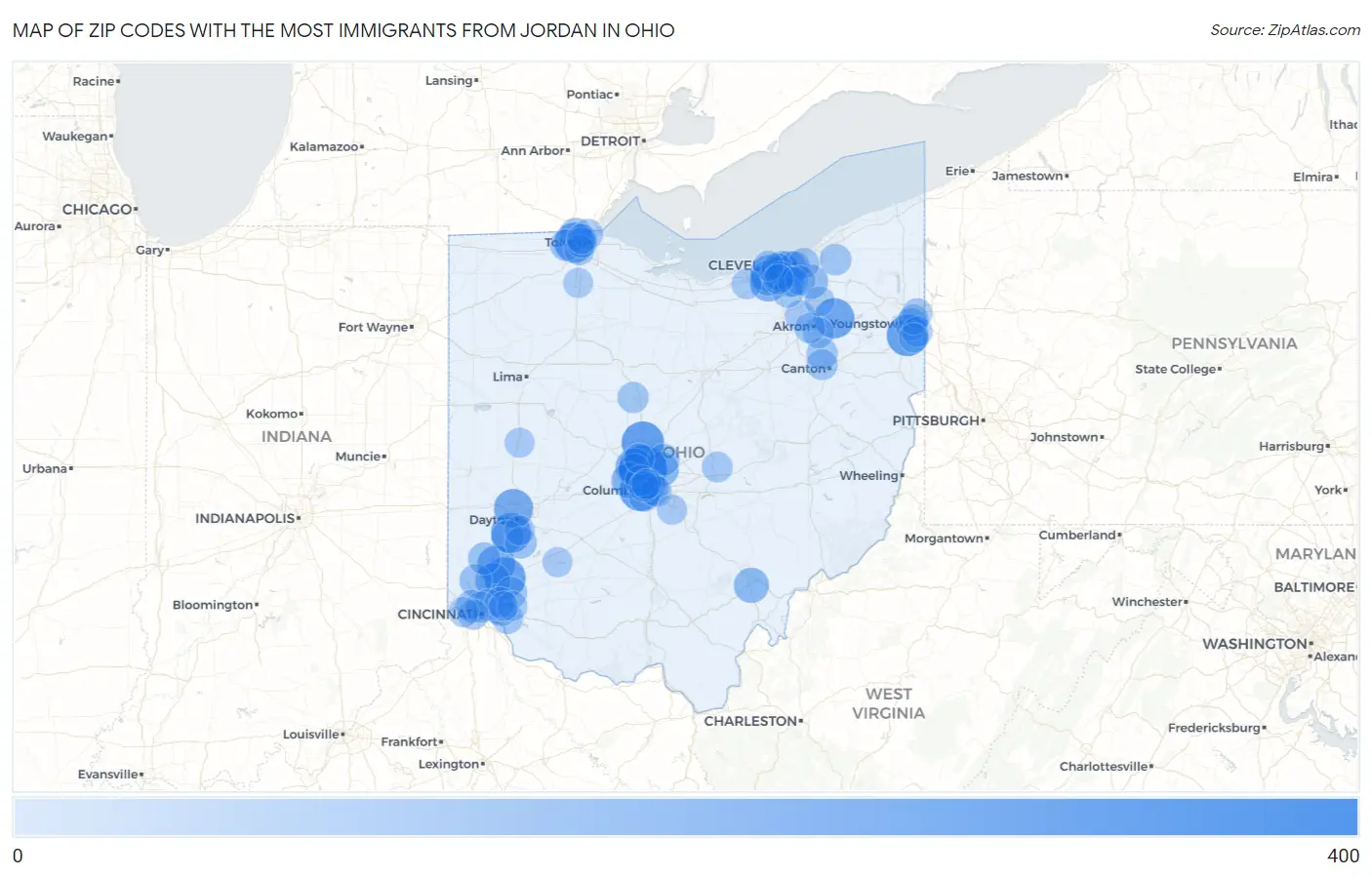 Zip Codes with the Most Immigrants from Jordan in Ohio Map