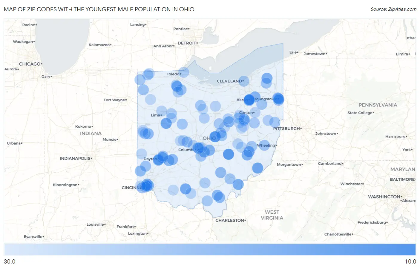 Zip Codes with the Youngest Male Population in Ohio Map