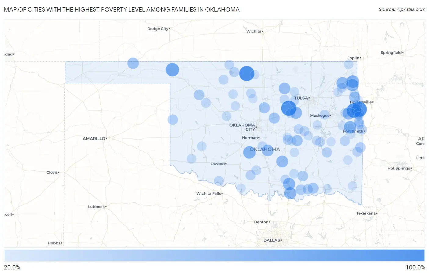 Cities with the Highest Poverty Level Among Families in Oklahoma Map
