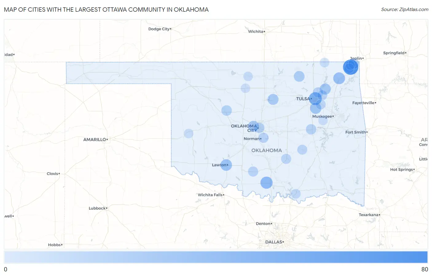 Cities with the Largest Ottawa Community in Oklahoma Map