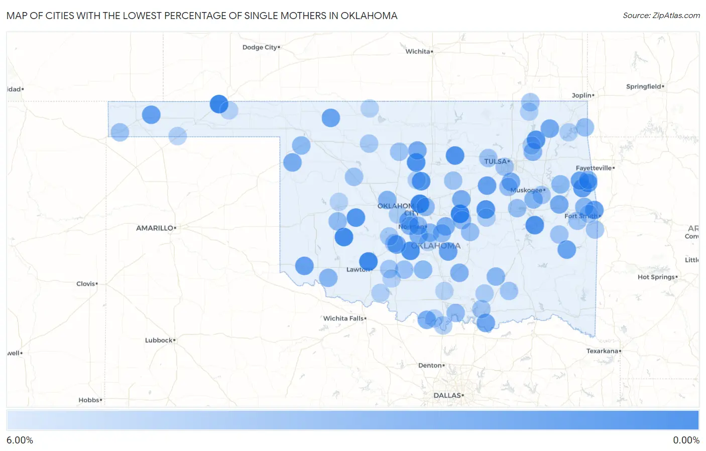 Cities with the Lowest Percentage of Single Mothers in Oklahoma Map