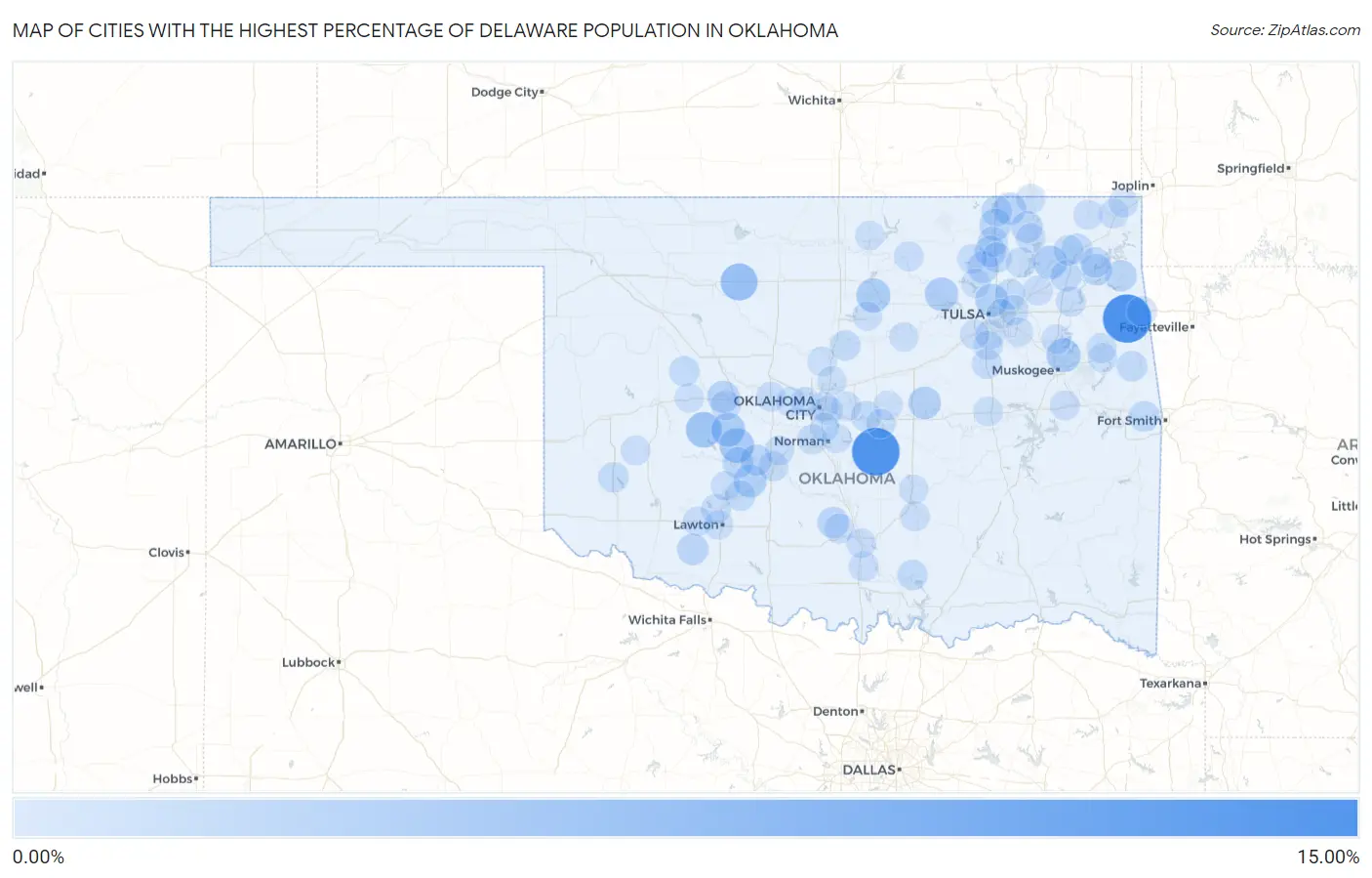 Cities with the Highest Percentage of Delaware Population in Oklahoma Map