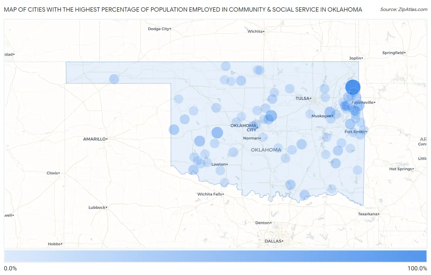 Cities with the Highest Percentage of Population Employed in Community & Social Service  in Oklahoma Map