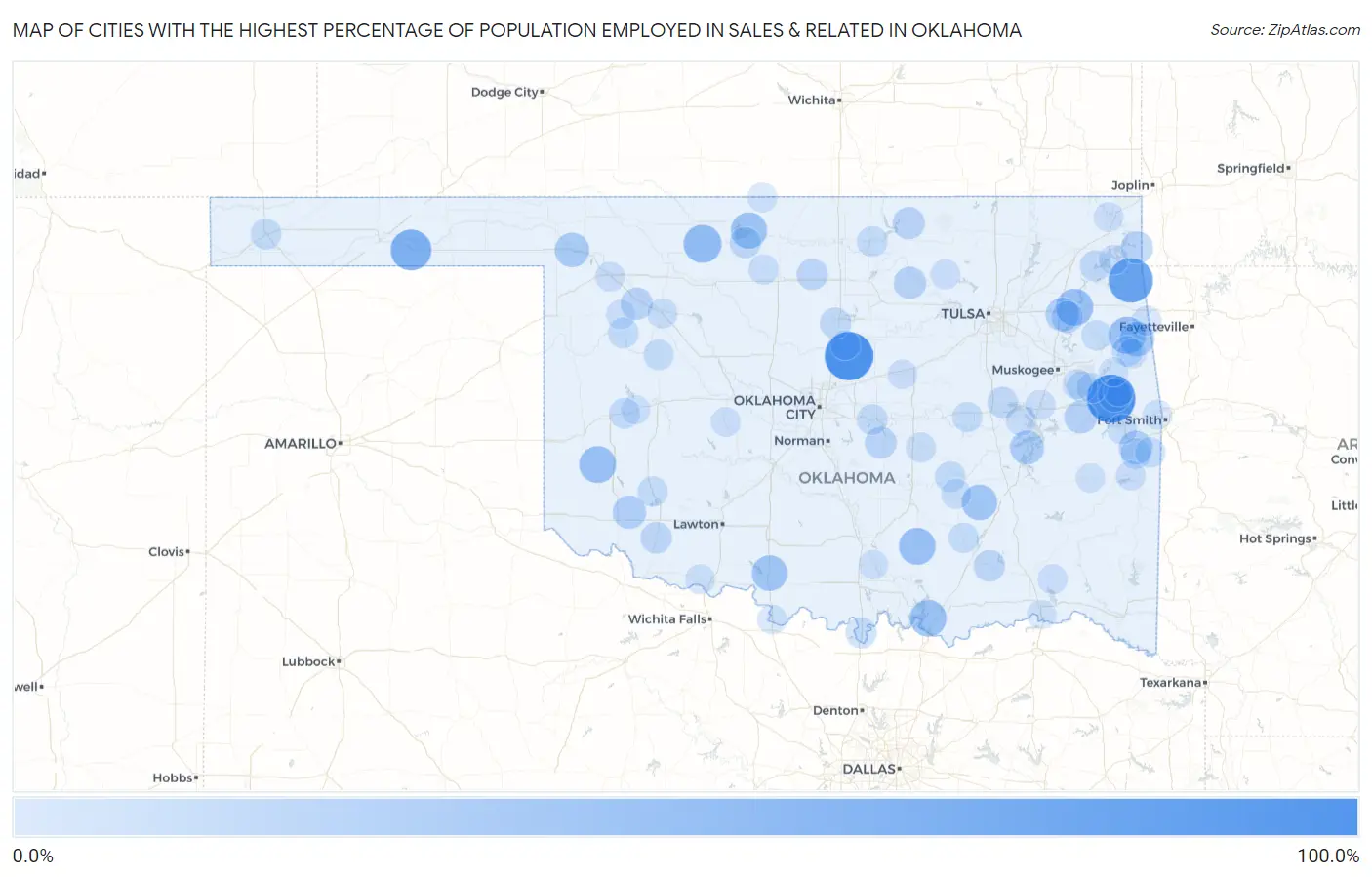 Cities with the Highest Percentage of Population Employed in Sales & Related in Oklahoma Map