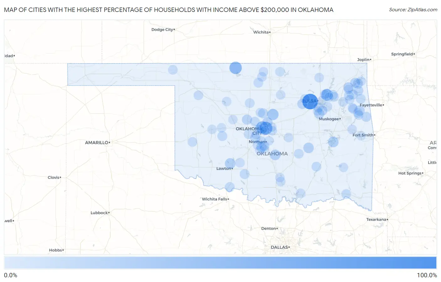 Cities with the Highest Percentage of Households with Income Above $200,000 in Oklahoma Map