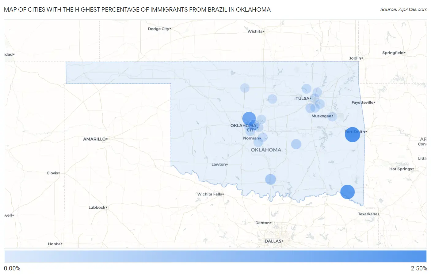 Cities with the Highest Percentage of Immigrants from Brazil in Oklahoma Map