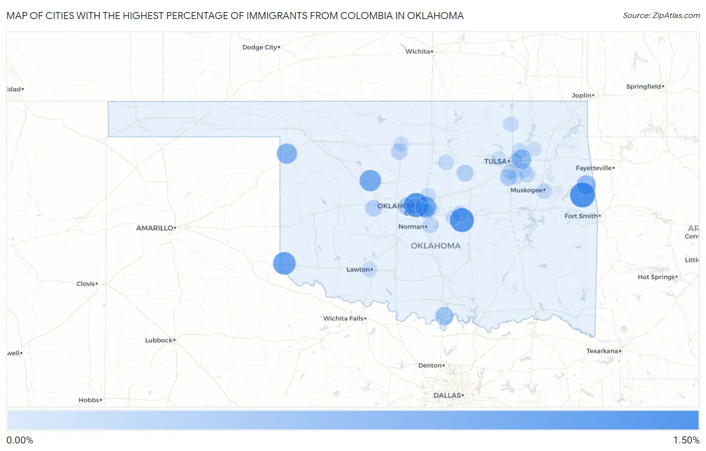 Cities with the Highest Percentage of Immigrants from Colombia in Oklahoma Map