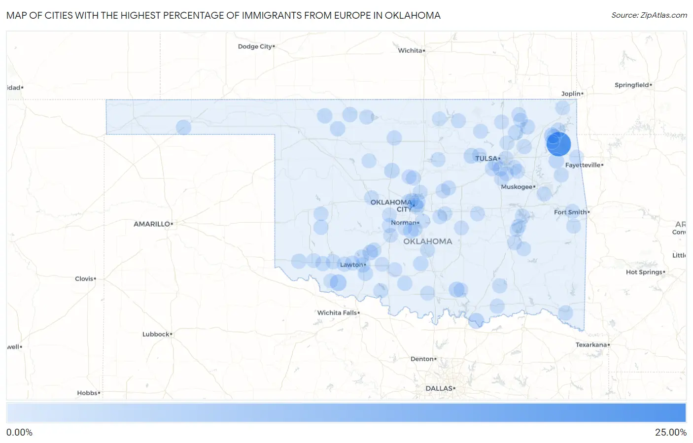 Cities with the Highest Percentage of Immigrants from Europe in Oklahoma Map