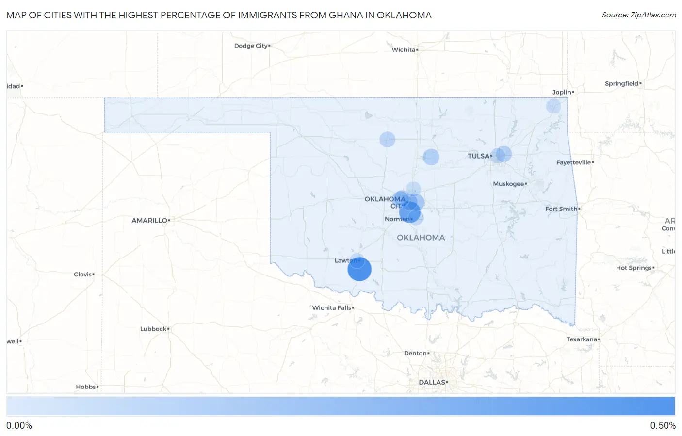 Cities with the Highest Percentage of Immigrants from Ghana in Oklahoma Map