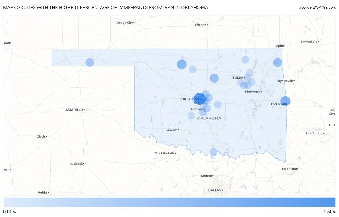 Cities with the Highest Percentage of Immigrants from Iran in Oklahoma Map