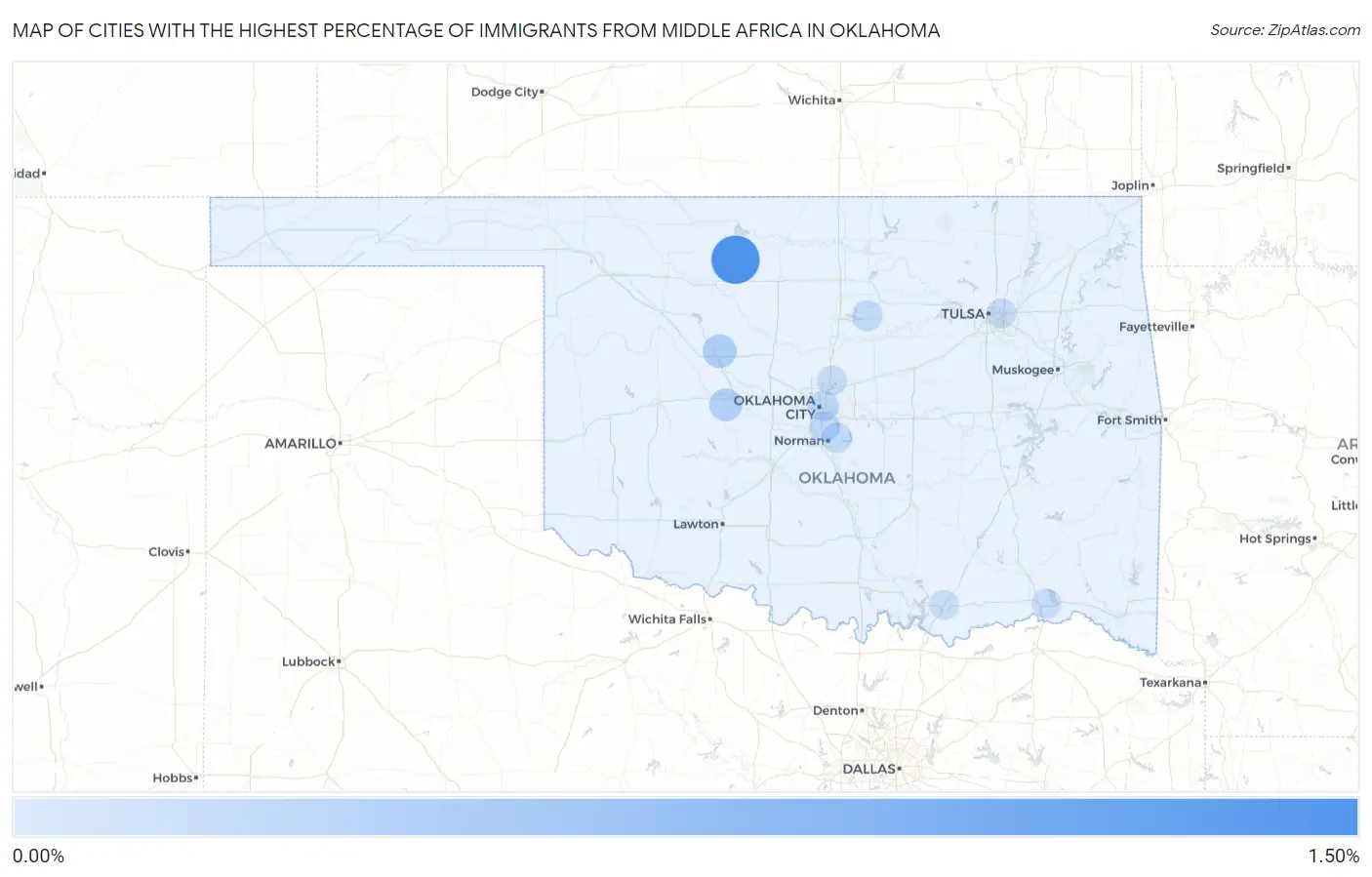 Cities with the Highest Percentage of Immigrants from Middle Africa in Oklahoma Map