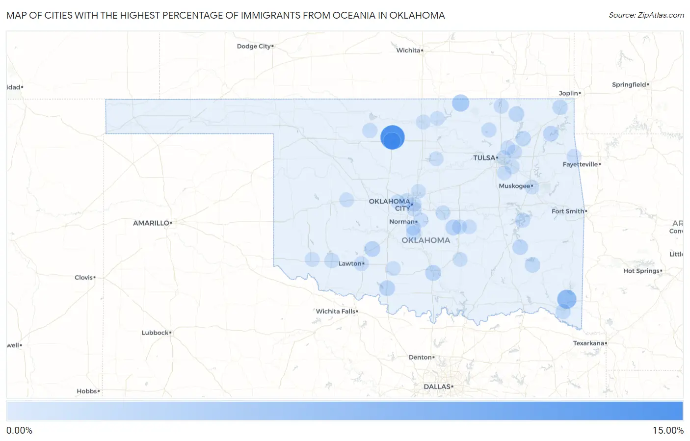 Cities with the Highest Percentage of Immigrants from Oceania in Oklahoma Map
