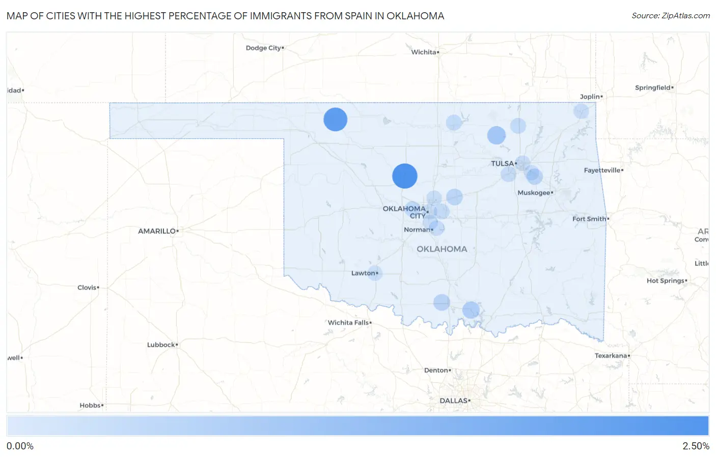 Cities with the Highest Percentage of Immigrants from Spain in Oklahoma Map